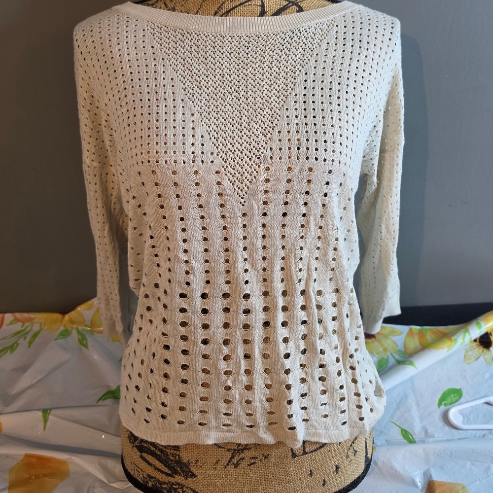 Express Ivory Open Knit Pointelle Sweater Boat Neck 3/4 Sleeve Cream Small